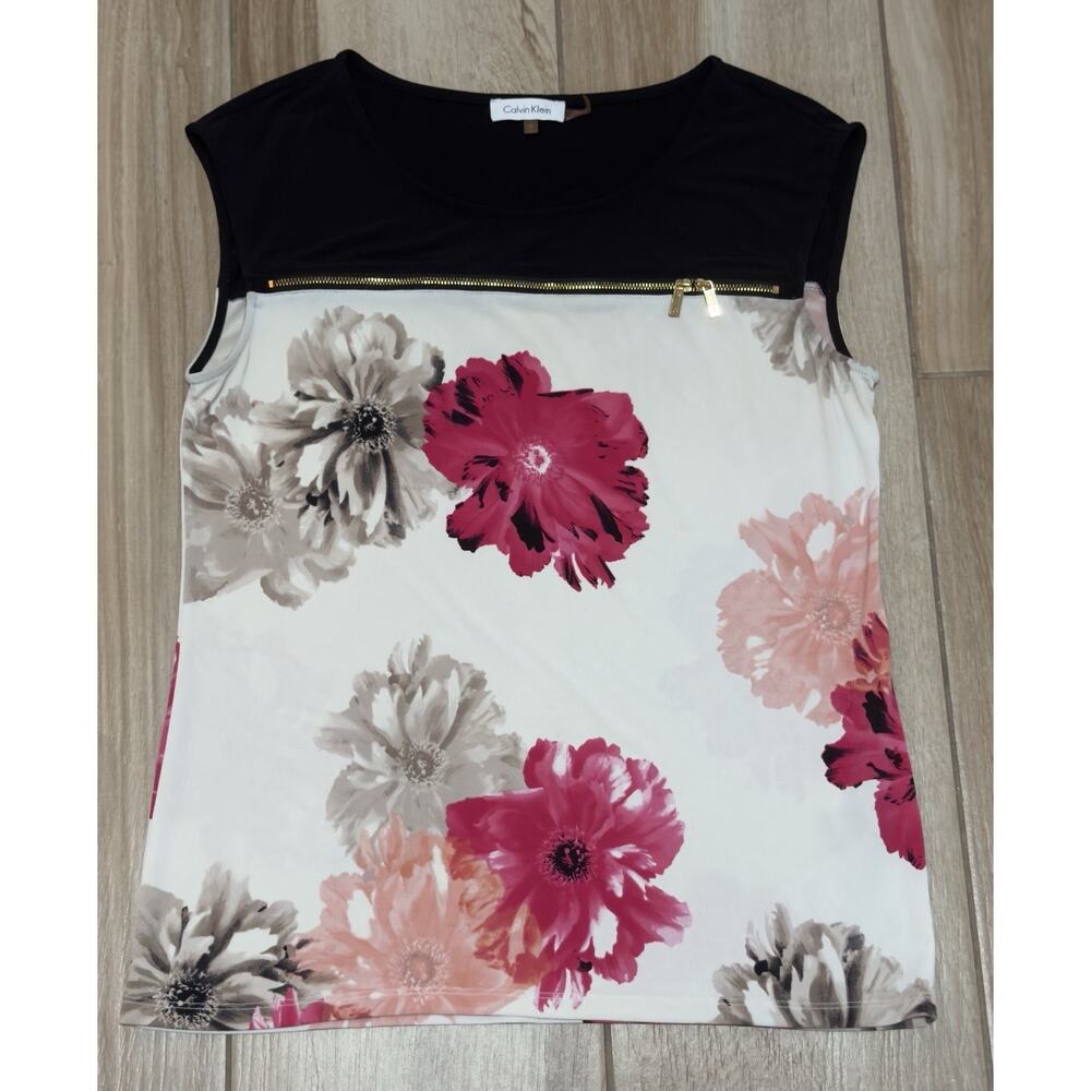 CALVIN KLEIN Career Sz Medium Floral Scoop Sleeveless Gold Zipper Accent Floral